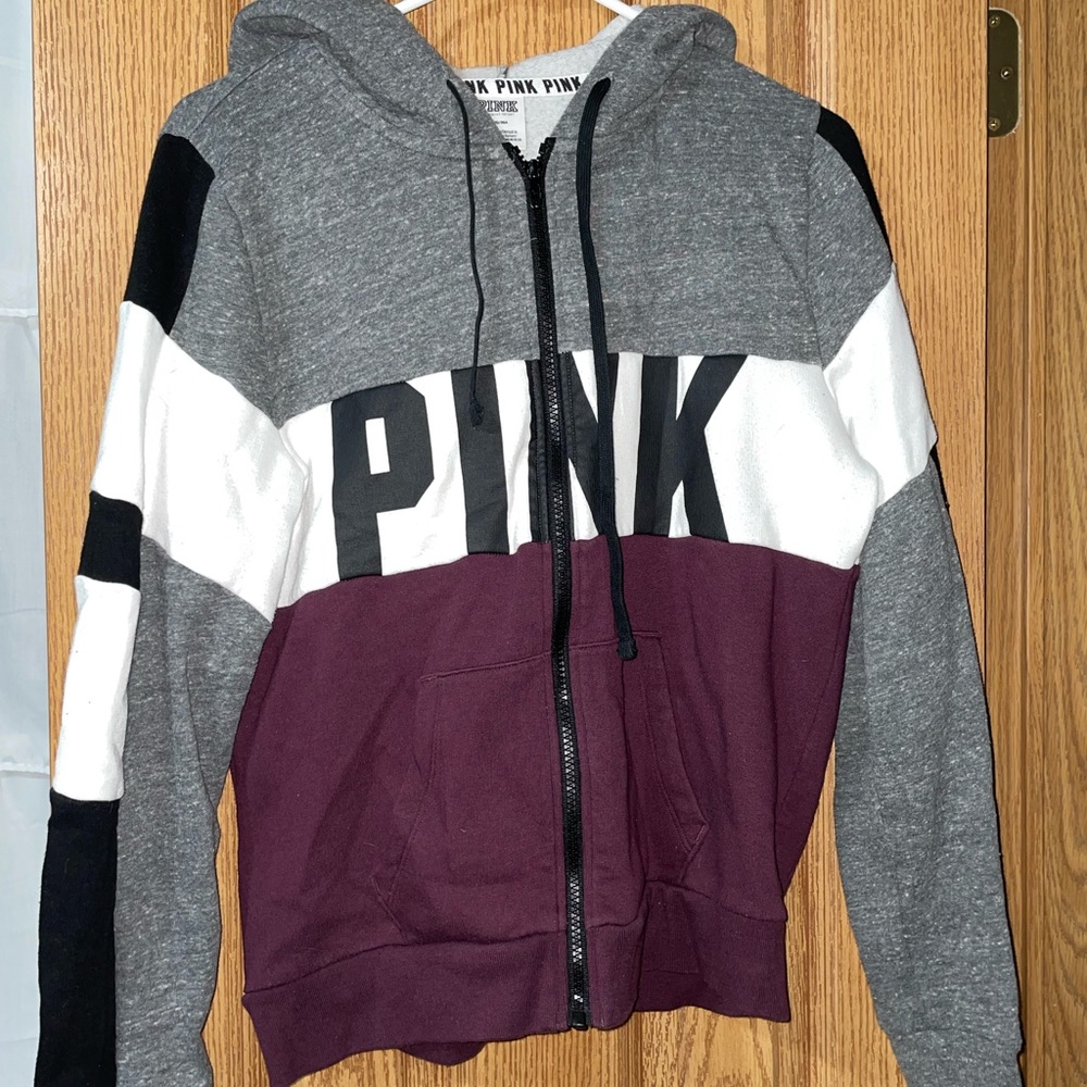 Medium Victoria’s Secret PINK Gray, White, and Maroon Full-zip Hoodie